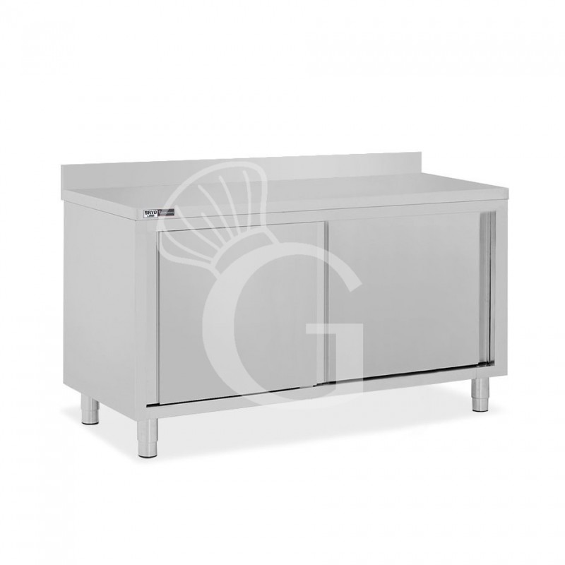 Schranktisch / Arbeitsschrank, Edelstahl, 2 Schiebetüren, Aufkantung, B 1500 mm x T 600 mm x H 950 mm
