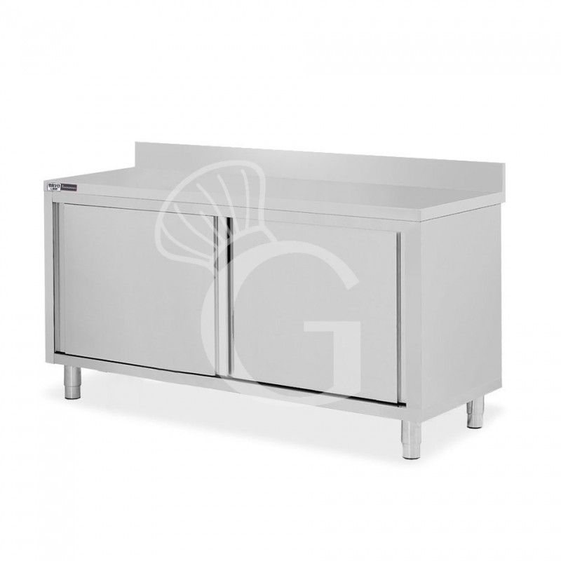Schranktisch / Arbeitsschrank, Edelstahl, 2 Schiebetüren, Aufkantung, B 1700 mm x T 600 mm x H 950 mm