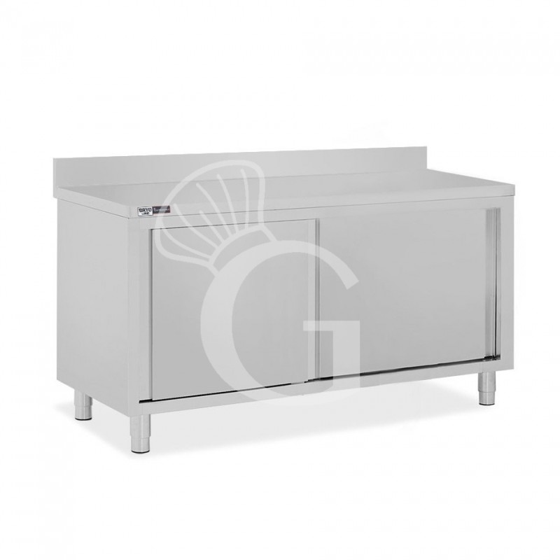 Schranktisch / Arbeitsschrank, Edelstahl, 2 Schiebetüren, Aufkantung, B 1700 mm x T 600 mm x H 950 mm