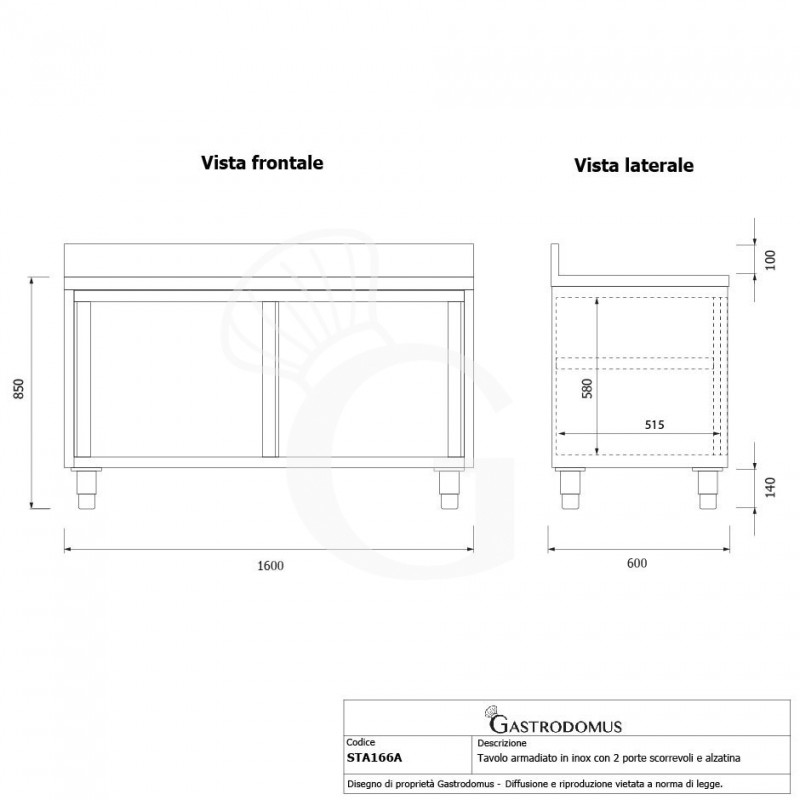 Schranktisch / Arbeitsschrank, Edelstahl, 2 Schiebetüren, Aufkantung, B 1600 mm x T 600 mm x H 950 mm