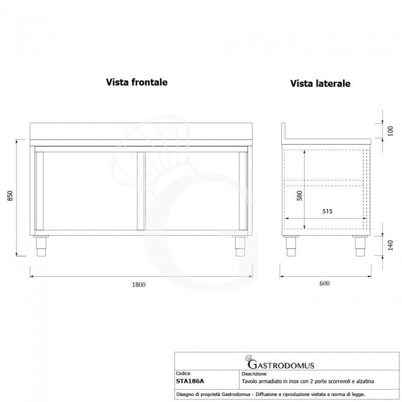 Schranktisch / Arbeitsschrank, Edelstahl, 2 Schiebetüren, Aufkantung, B 1800 mm x T 600 mm x H 950 mm