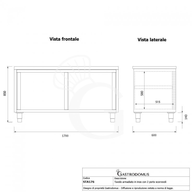 Schranktisch / Arbeitsschrank, Edelstahl, 2 Schiebetüren, B 1700 mm x T 600 mm x H 850 mm