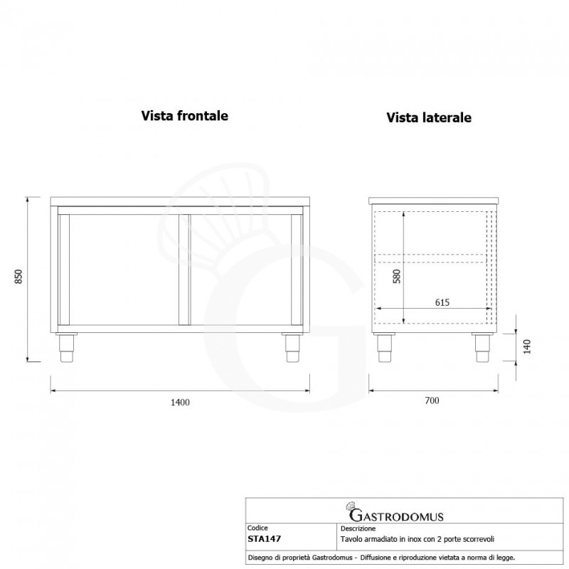 Schranktisch / Arbeitsschrank, Edelstahl, 2 Schiebetüren, B 1400 mm x T 700 mm x H 850 mm