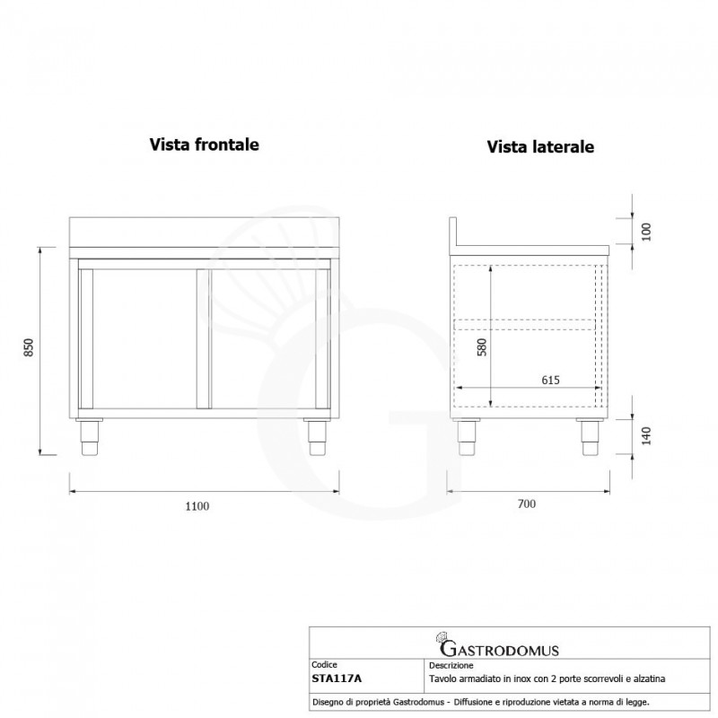 Schranktisch / Arbeitsschrank, Edelstahl, 2 Schiebetüren, Aufkantung, B 1100 mm x T 700 mm x H 950 mm