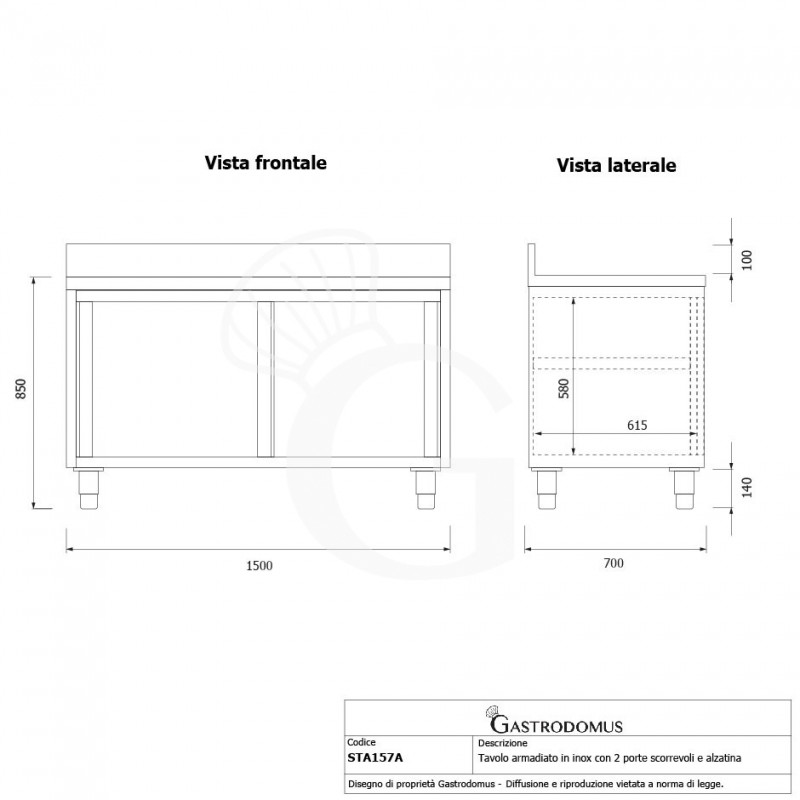 Schranktisch / Arbeitsschrank, Edelstahl, 2 Schiebetüren, Aufkantung, B 1500 mm x T 700 mm x H 950 mm