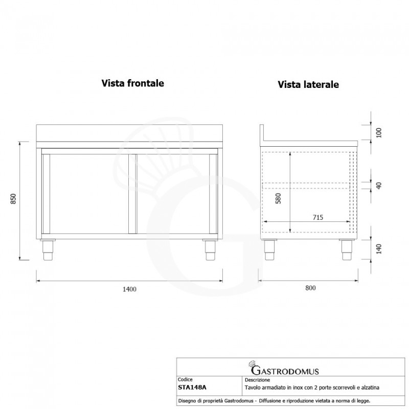 Schranktisch / Arbeitsschrank, 2 Schiebetüren, Aufkantung, B 1400 mm x T 800 mm x H 950 mm