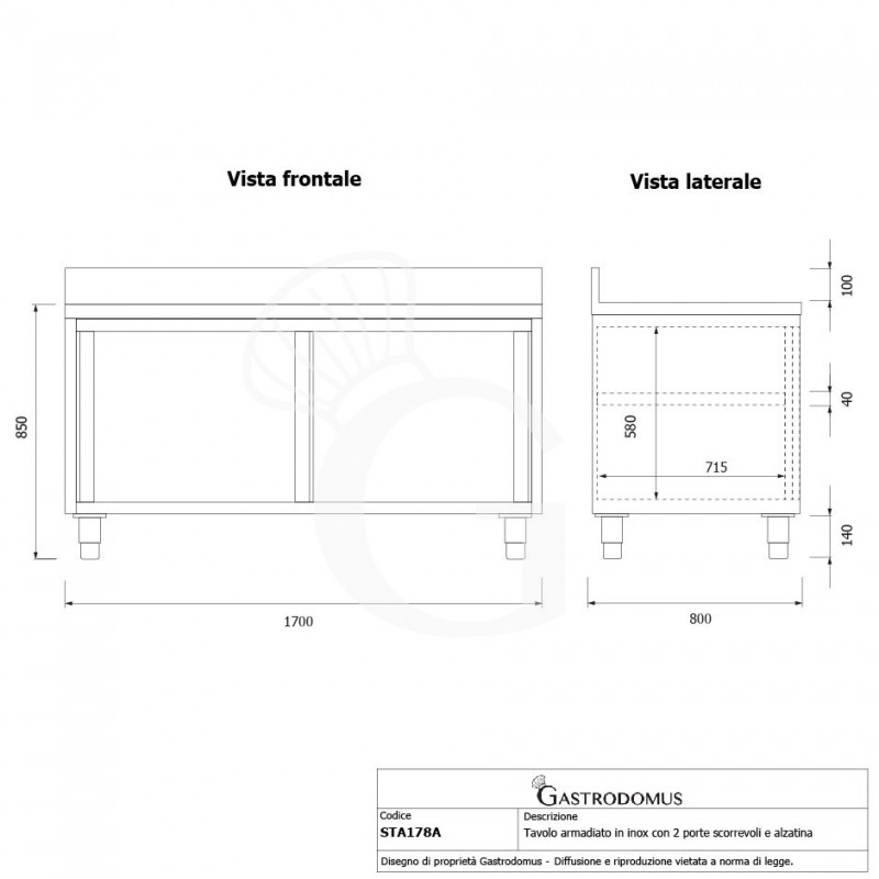 Schranktisch / Arbeitsschrank, 2 Schiebetüren, Aufkantung, B 1700 mm x T 800 mm x H 950 mm