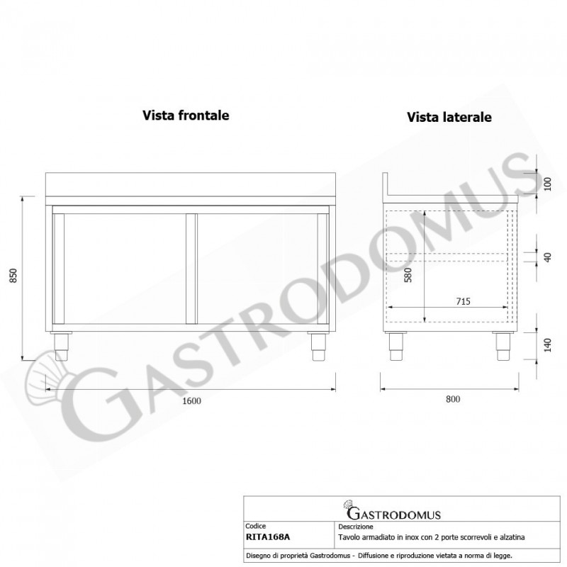 Schranktisch aus Edelstahl 2 Schiebetüren Aufsatz B 1600 mm x T 800 mm x H 950 mm