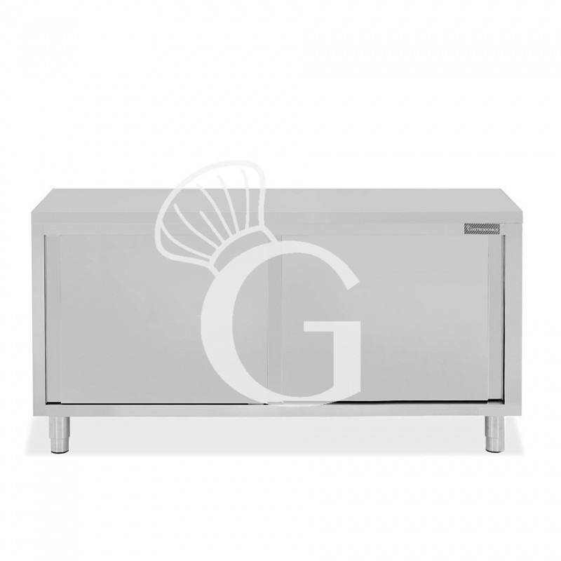 Schranktisch aus Edelstahl 2 Schiebetüren B 1800 mm x T 800 mm x H 850 mm