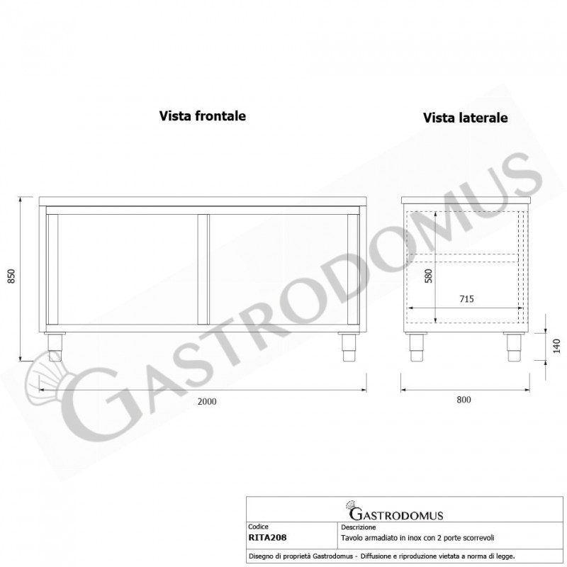 Schranktisch aus Edelstahl 2 Schiebetüren B 2000 mm x T 800 mm x H 850 mm
