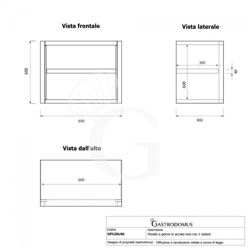 Offener Wandhängeschrank, Edelstahl, 1 Zwischenboden, B 600 mm x T 400 mm x H 650 mm