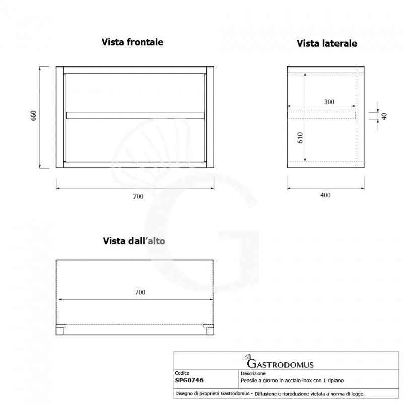 Offener Wandhängeschrank, Edelstahl, 1 Zwischenboden, B 700 mm x T 400 mm x H 650 mm