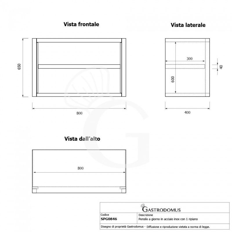 Offener Wandhängeschrank, Edelstahl, 1 Zwischenboden, B 800 mm x T 400 mm x H 650 mm