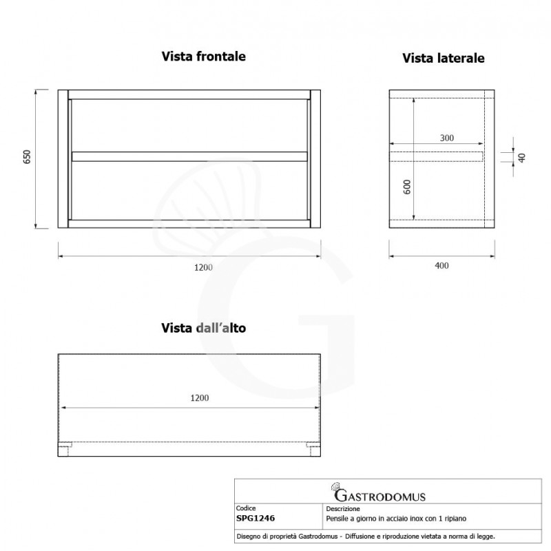 Offener Wandhängeschrank, Edelstahl, 1 Zwischenboden, B 1200 mm x T 400 mm x H 650 mm