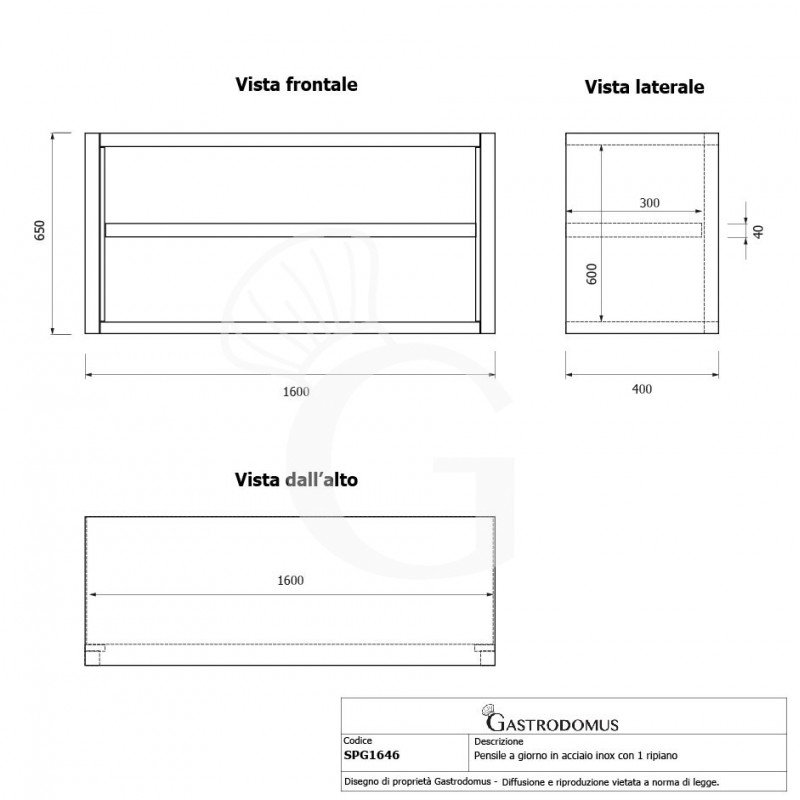 Offener Wandhängeschrank, Edelstahl, 1 Zwischenboden, B 1600 mm x T 400 mm x H 650 mm