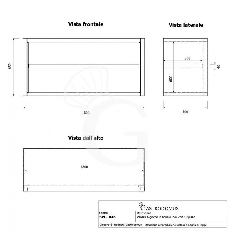 Offener Wandhängeschrank, Edelstahl, 1 Zwischenboden, B 1800 mm x T 400 mm x H 650 mm