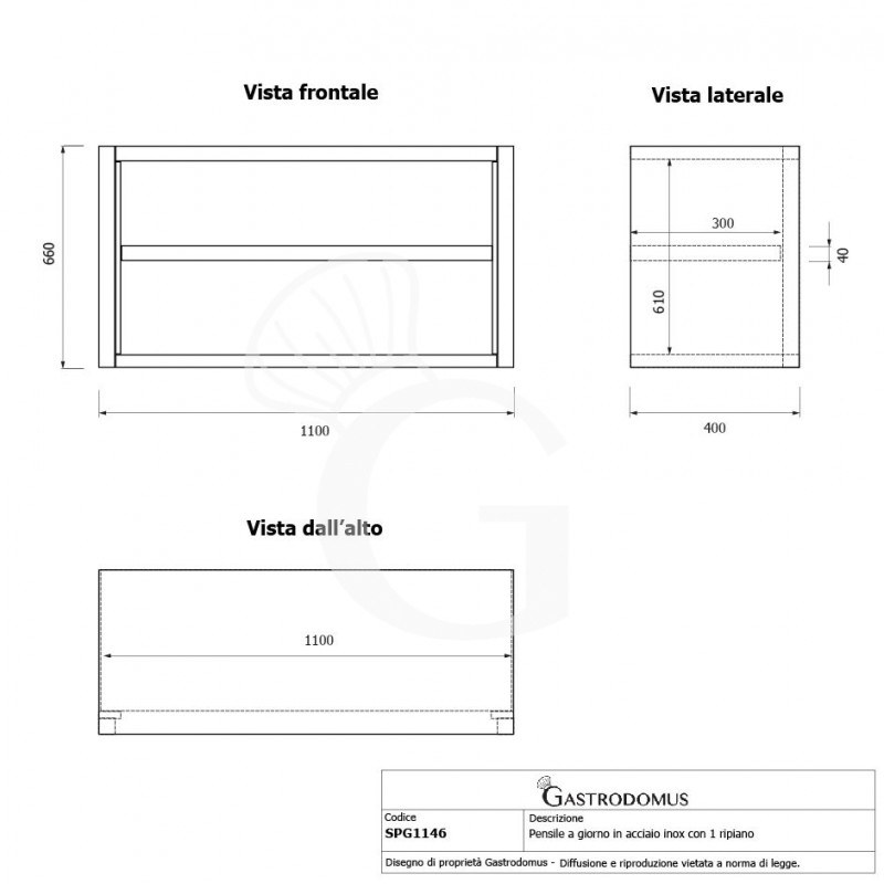 Offener Wandhängeschrank, Edelstahl, 1 Zwischenboden, B 1100 mm x T 400 mm x H 650 mm