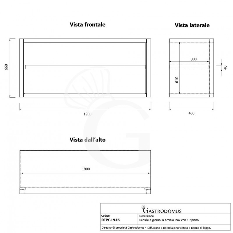 Offener Wandhängeschrank, Edelstahl, 1 Zwischenboden, B 1900 mm x T 400 mm x H 660 mm
