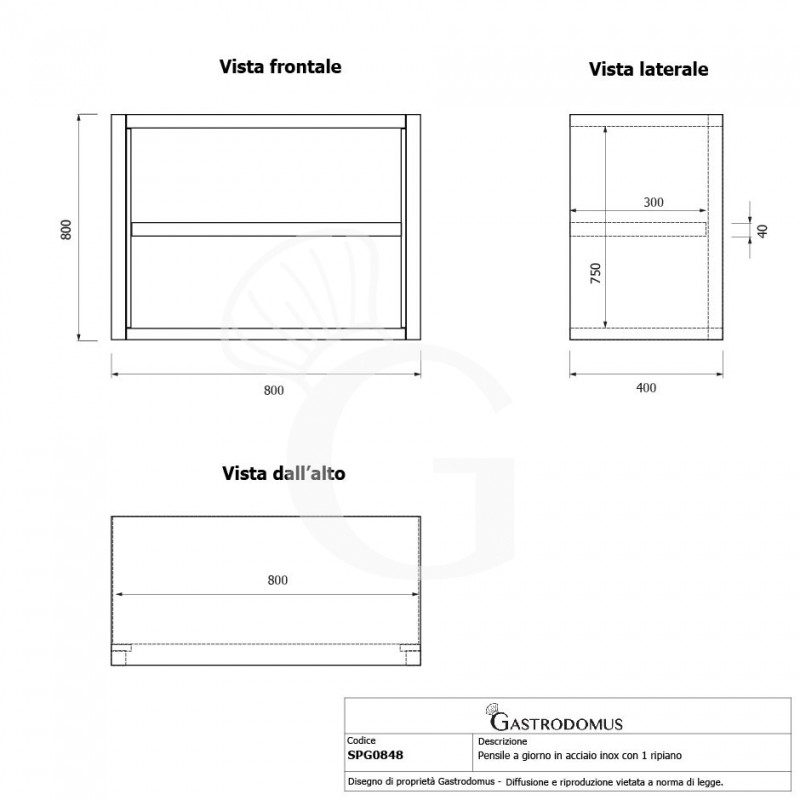 Offener Wandhängeschrank, Edelstahl, 1 Zwischenboden, B 800 mm x T 400 mm x H 800 mm