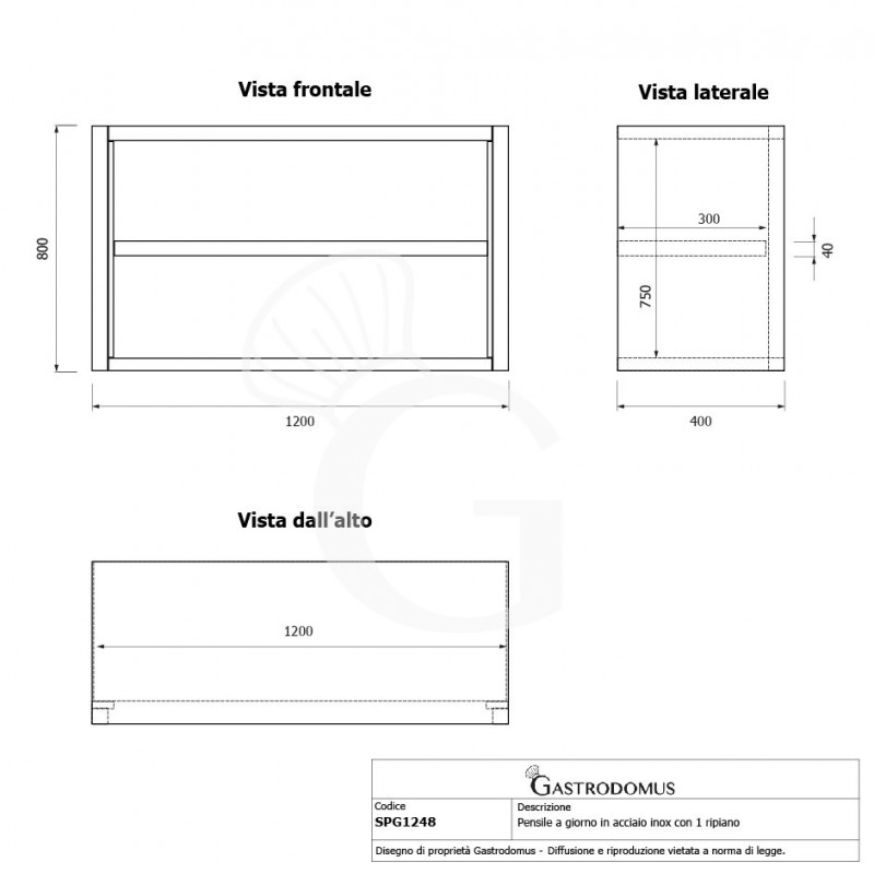 Offener Wandhängeschrank, Edelstahl, 1 Zwischenboden, B 1200 mm x T 400 mm x H 800 mm