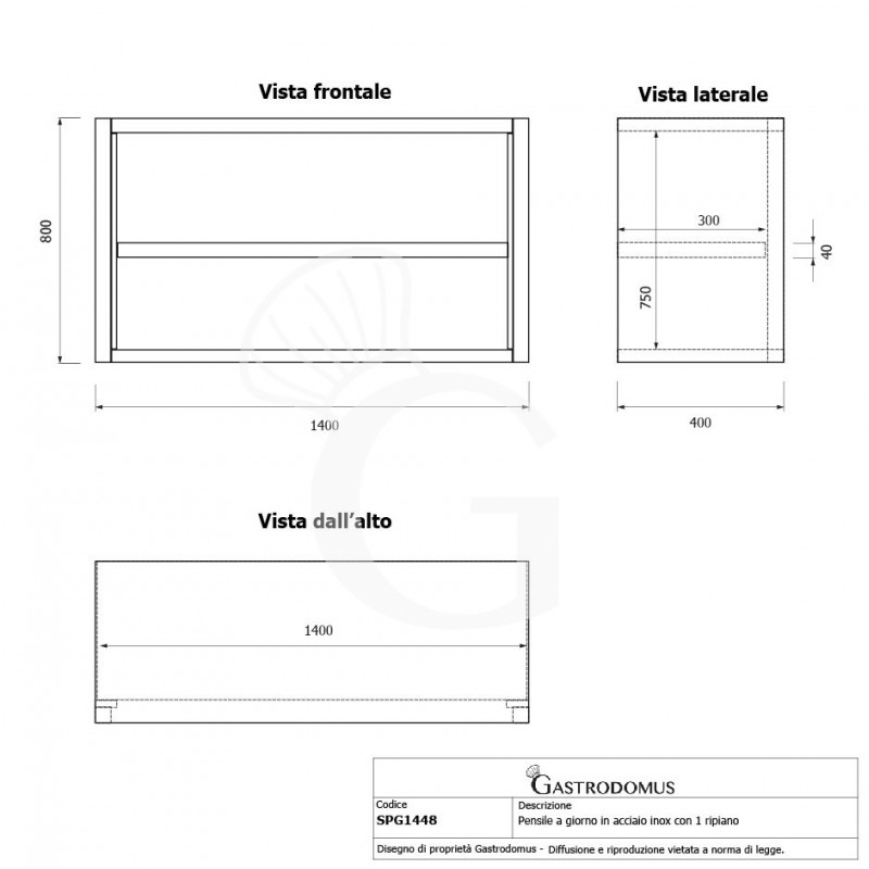 Offener Wandhängeschrank, Edelstahl, 1 Zwischenboden, B 1400 mm x T 400 mm x H 800 mm