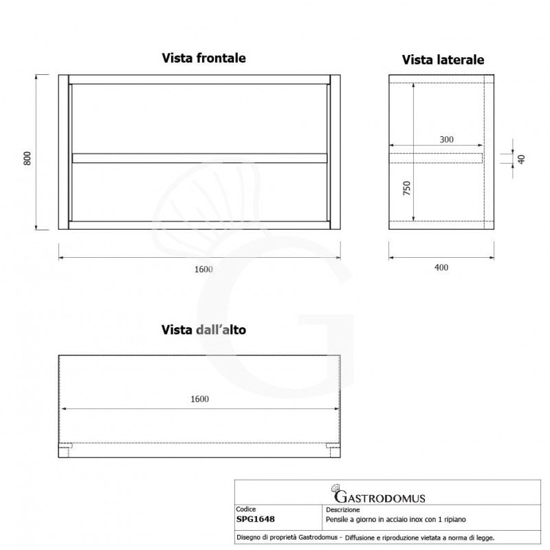 copy of Pensile a giorno in acciaio inox con 1 ripiano, L 1600 mm x P 400 mm x H 800 mm