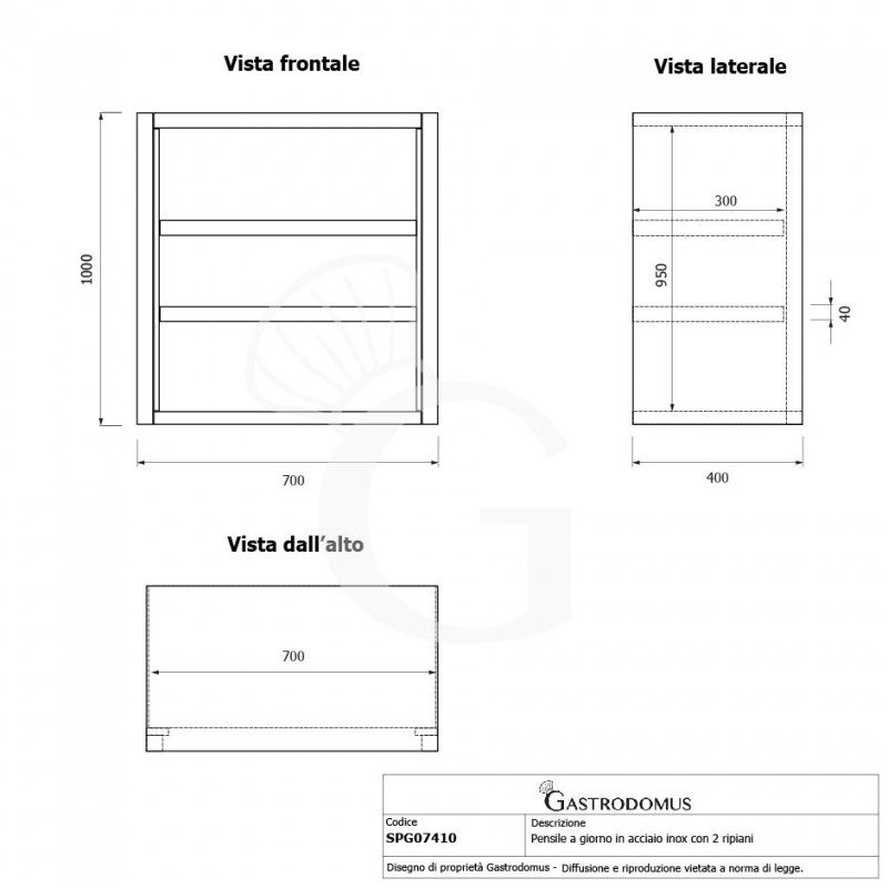 Offener Wandhängeschrank, Edelstahl, 2 Regalböden, B 700 mm x T 400 mm x H 1000 mm