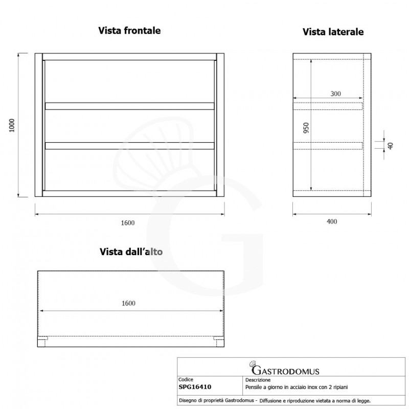 Offener Wandhängeschrank, Edelstahl, 2 Regalböden, B 1600 mm x T 400 mm x H 1000 mm