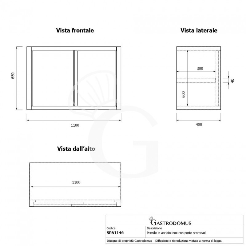 copy of Pensile in acciaio inox con porte scorrevoli, 1 ripiano, L 1100 x P 400 x H 650 mm