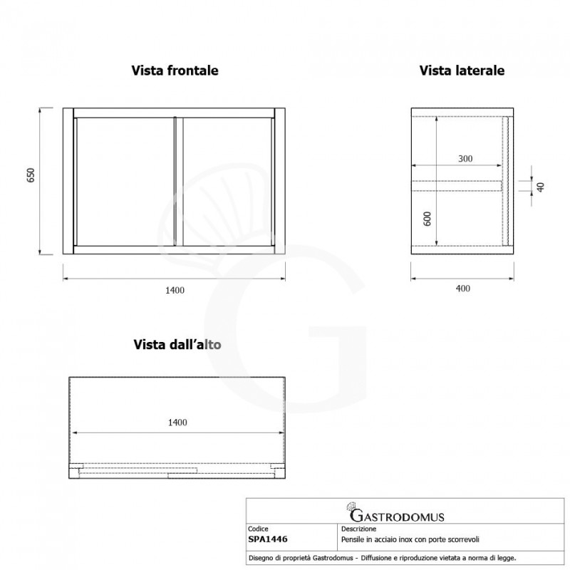Wandhängeschrank, Edelstahl, Schiebetüren, 1 Zwischenboden, B 1400 x T 400 x H 650 mm