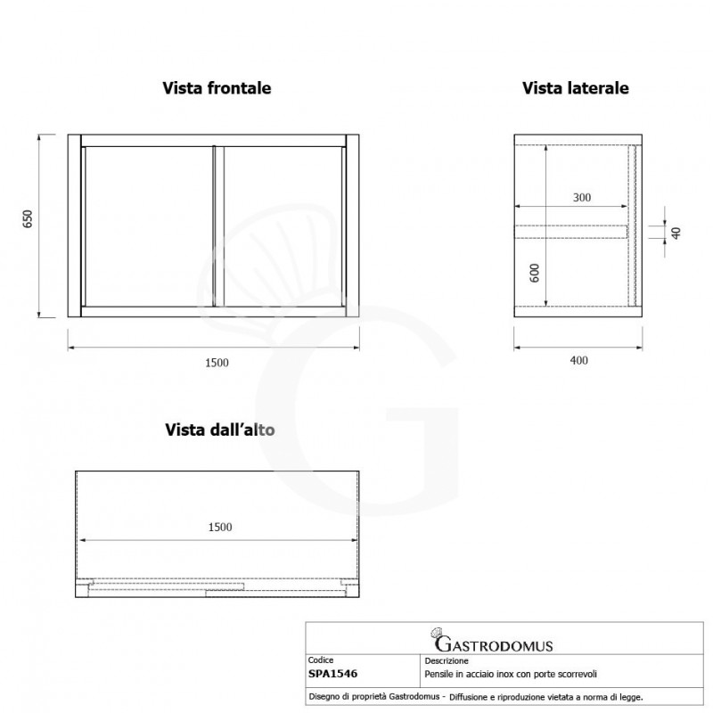 Wandhängeschrank, Edelstahl, Schiebetüren, 1 Zwischenboden, B 1500 x T 400 x H 650 mm