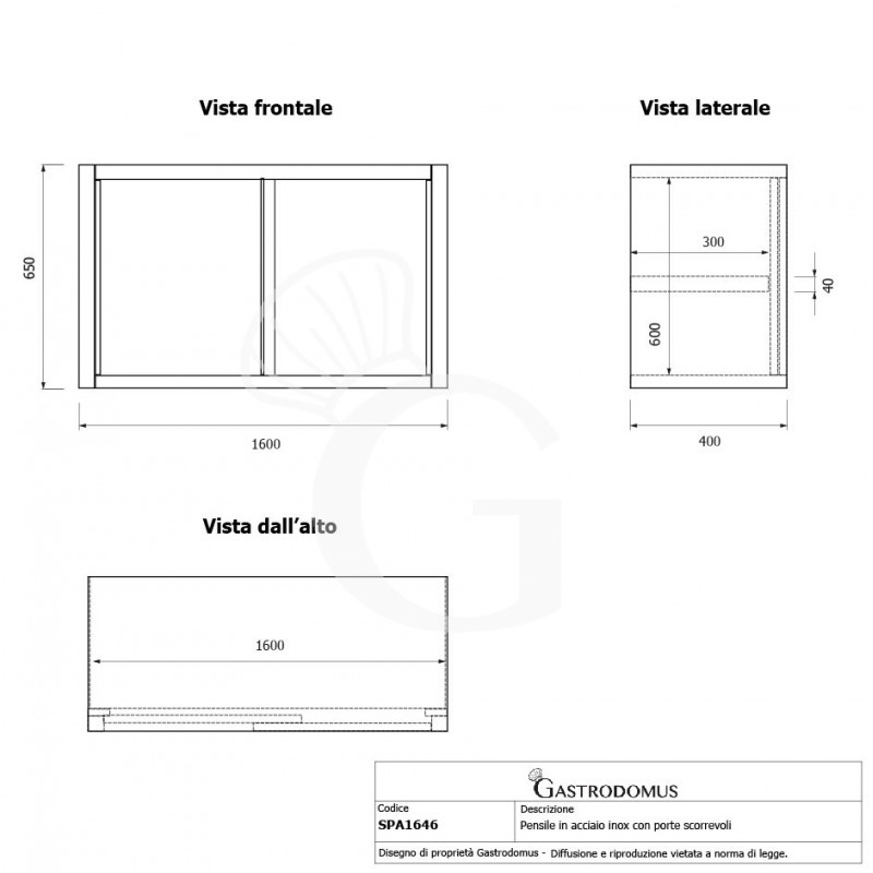 Wandhängeschrank, Edelstahl, Schiebetüren, 1 Zwischenboden, B 1600 x T 400 x H 650 mm