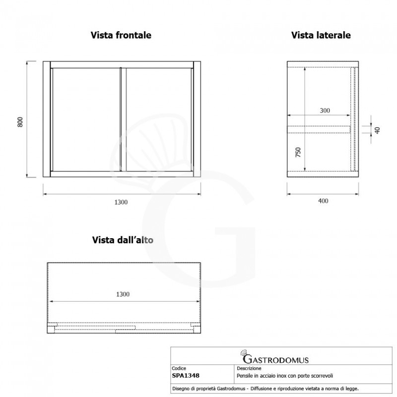Wandhängeschrank, Edelstahl, Schiebetüren, 1 Zwischenboden, B 1300 x T 400 x H 800 mm