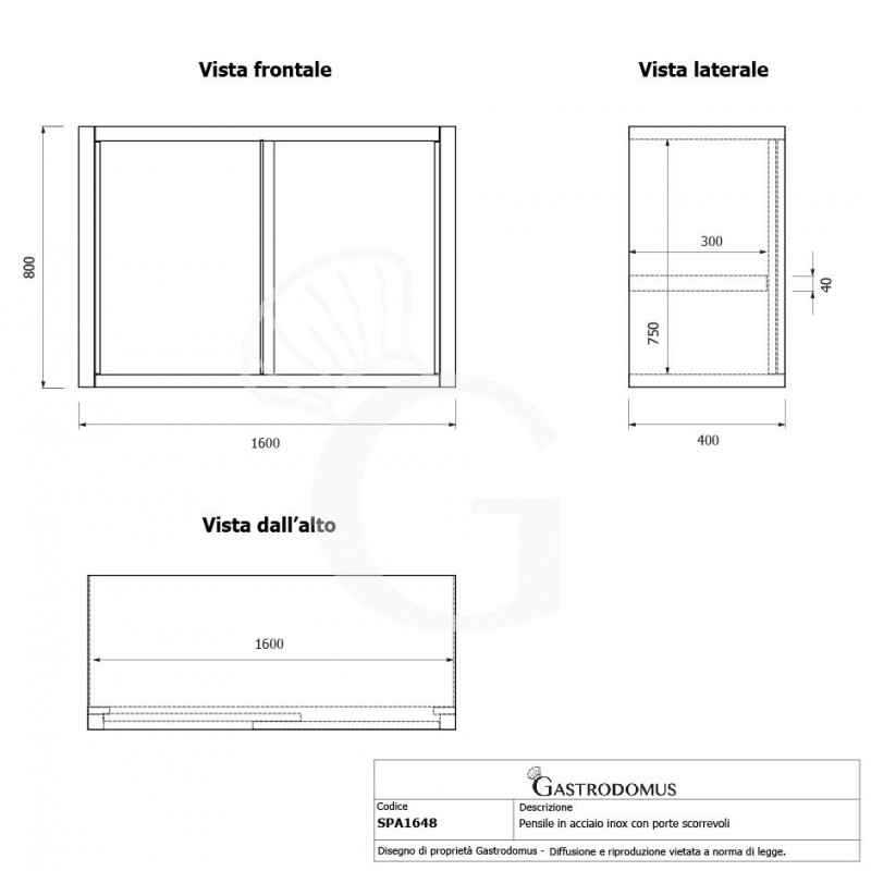 Wandhängeschrank, Edelstahl, Schiebetüren, 1 Zwischenboden, B 1600 x T 400 x H 800 mm