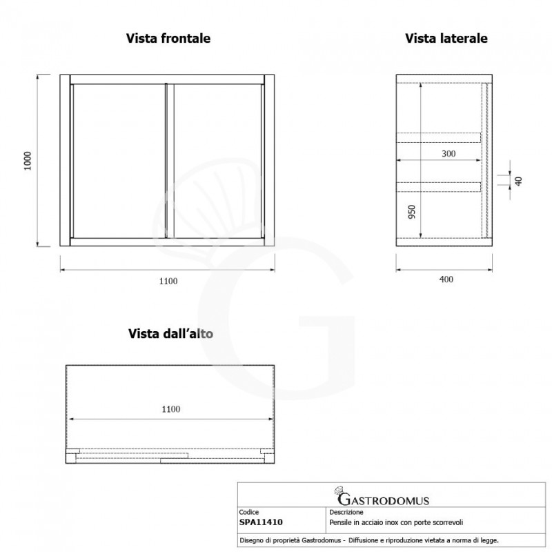 Wandhängeschrank, Edelstahl, Schiebetüren, 2 Regalböden, B 1100 x T 400 x H 1100 mm