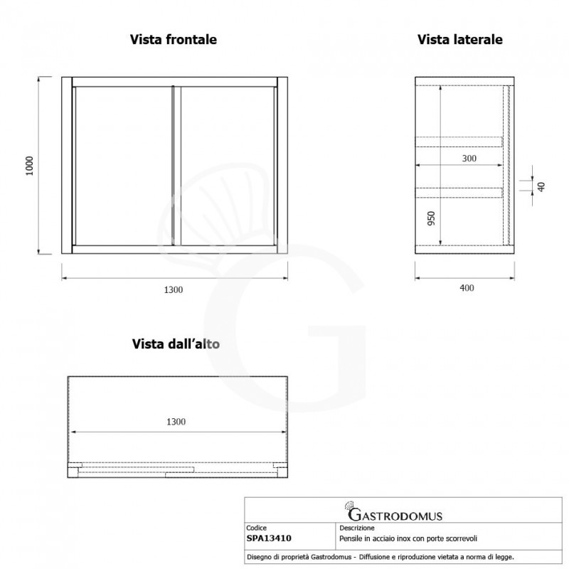 Wandhängeschrank, Edelstahl, Schiebetüren, 2 Regalböden, B 1300 x T 400 x H 1000 mm