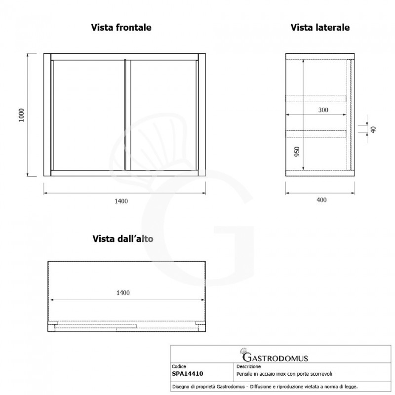 Wandhängeschrank, Edelstahl, Schiebetüren, 2 Regalböden, B 1400 x T 400 x H 1000 mm