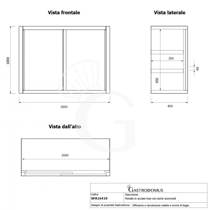 Wandhängeschrank, Edelstahl, Schiebetüren, 2 Regalböden, B 1600 x T 400 x H 1000 mm