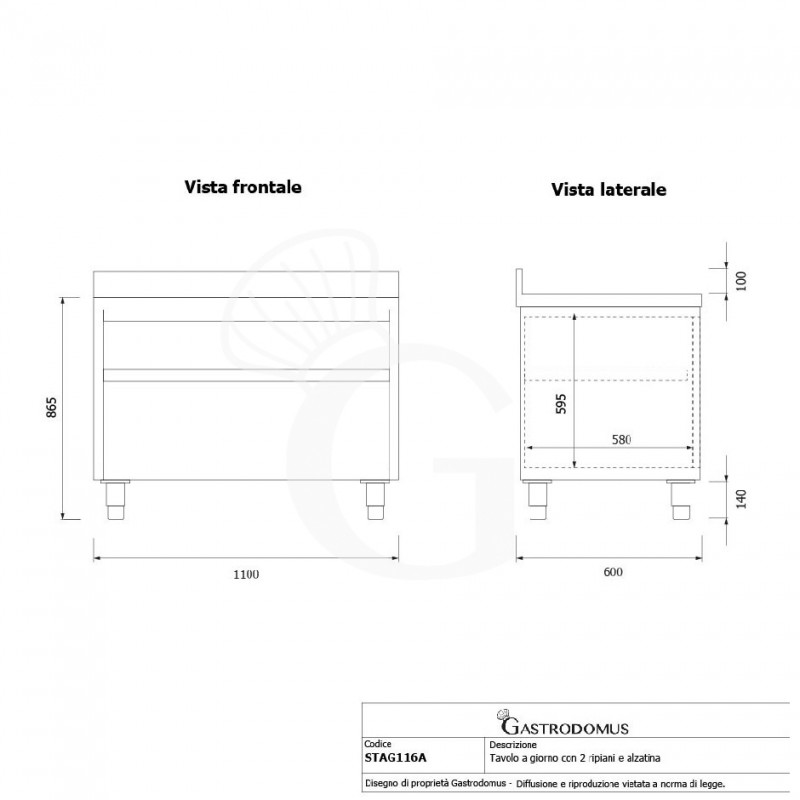 Arbeitsschrank offen, Edelstahl, 2 Regalböden, Aufkantung, B 1100 mm x T 600 mm x H 965 mm