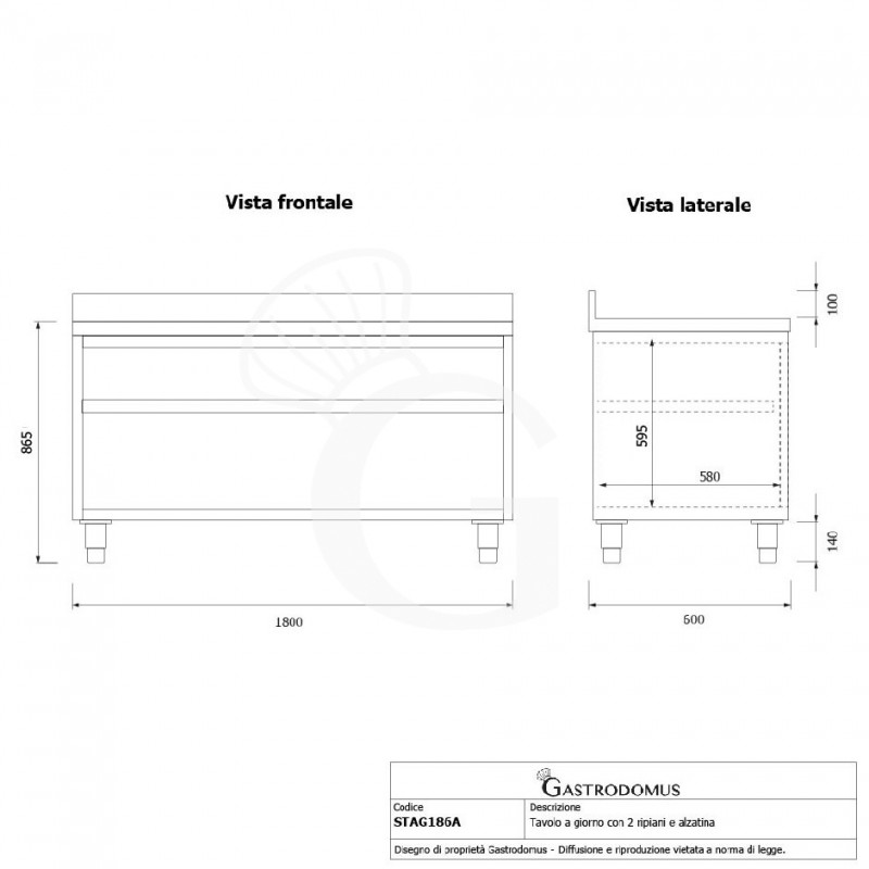Arbeitsschrank offen, Edelstahl, 2 Regalböden, Aufkantung, B 1800 mm x T 600 mm x H 965 mm