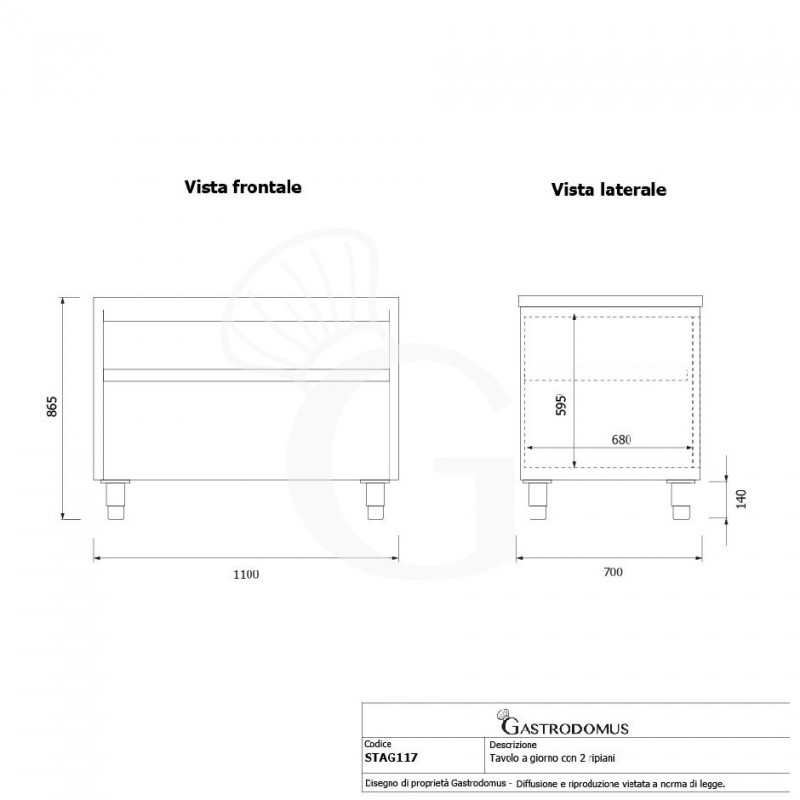 Arbeitsschrank offen, Edelstahl, 2 Regalböden, B 1100 mm x T 700 mm x H 865 mm