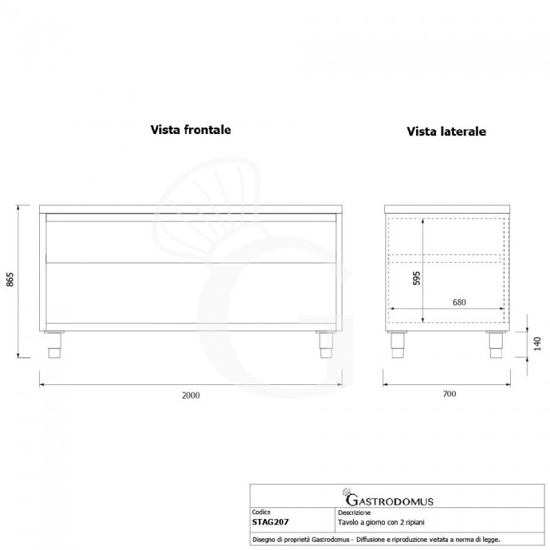 Arbeitsschrank offen, Edelstahl, 2 Regalböden, B 2000 mm x T 700 mm x H 865 mm