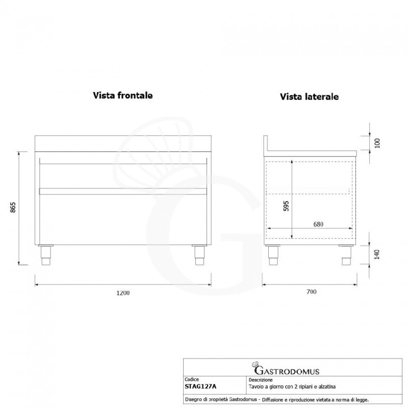Arbeitsschrank offen, Edelstahl, 2 Regalböden, Aufkantung, B 1200 mm x T 700 mm x H 965 mm