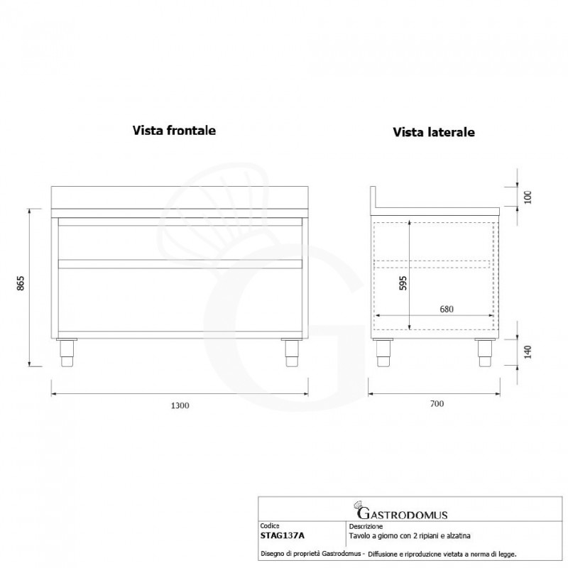 Arbeitsschrank offen, Edelstahl, 2 Regalböden, Aufkantung, B 1300 mm x T 700 mm x H 965 mm