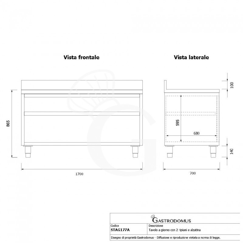 Arbeitsschrank offen, Edelstahl, 2 Regalböden, Aufkantung, B 1700 mm x T 700 mm x H 965 mm