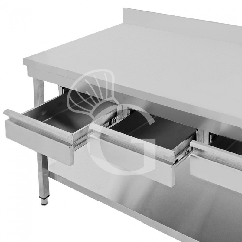 Edelstahltisch, Grundboden, Aufkantung, 3 Schubladen, B 1500 mm X T 600 mm X H 965 mm