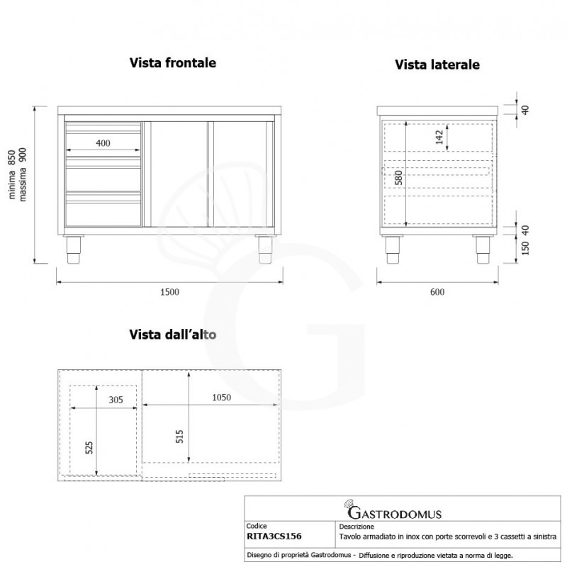 Schranktisch aus Edelstahl 2 Schiebetüren 3 Schubladen links B 1500 mm x T 600 mm x H 850 mm