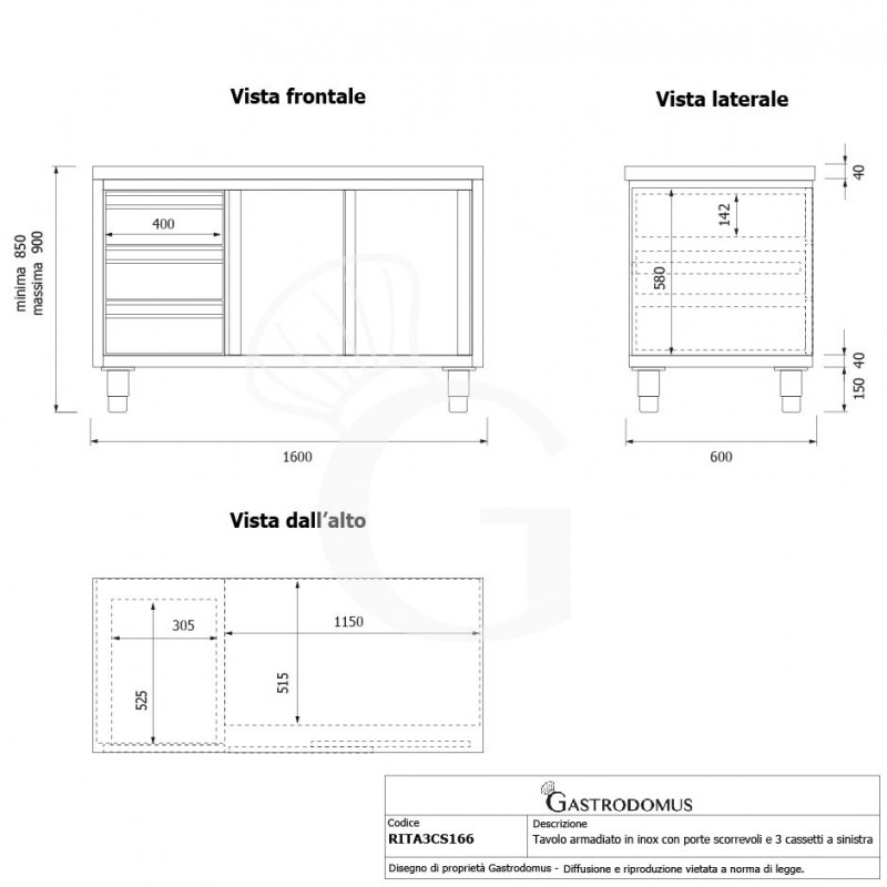 Schranktisch aus Edelstahl 2 Schiebetüren 3 Schubladen links B 1600 mm x T 600 mm x H 850 mm