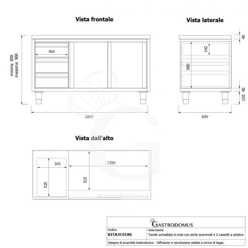 Schranktisch aus Edelstahl 2 Schiebetüren 3 Schubladen links B 1800 mm x T 600 mm x H 850 mm