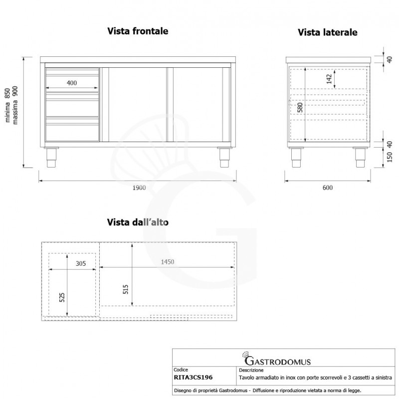 Schranktisch aus Edelstahl 2 Schiebetüren 3 Schubladen links B 1900 mm x T 600 mm x H 850 mm